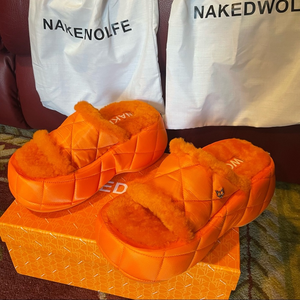 Naked Wolfe Destiny Orange Shearling Slides